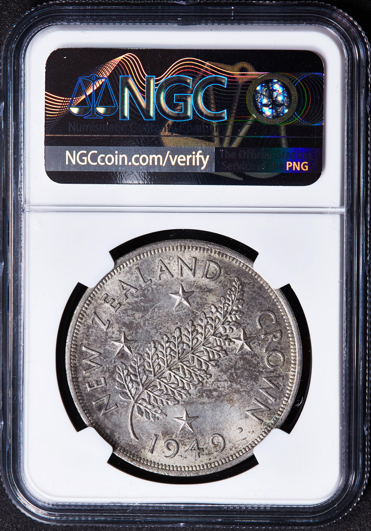 【俄甄集藏】2026年(049)03-18星期三 晚 19:30 全场包邮 新西兰1949年乔治六世1克朗大银币，NGC MS63，原味老包浆，转光品相