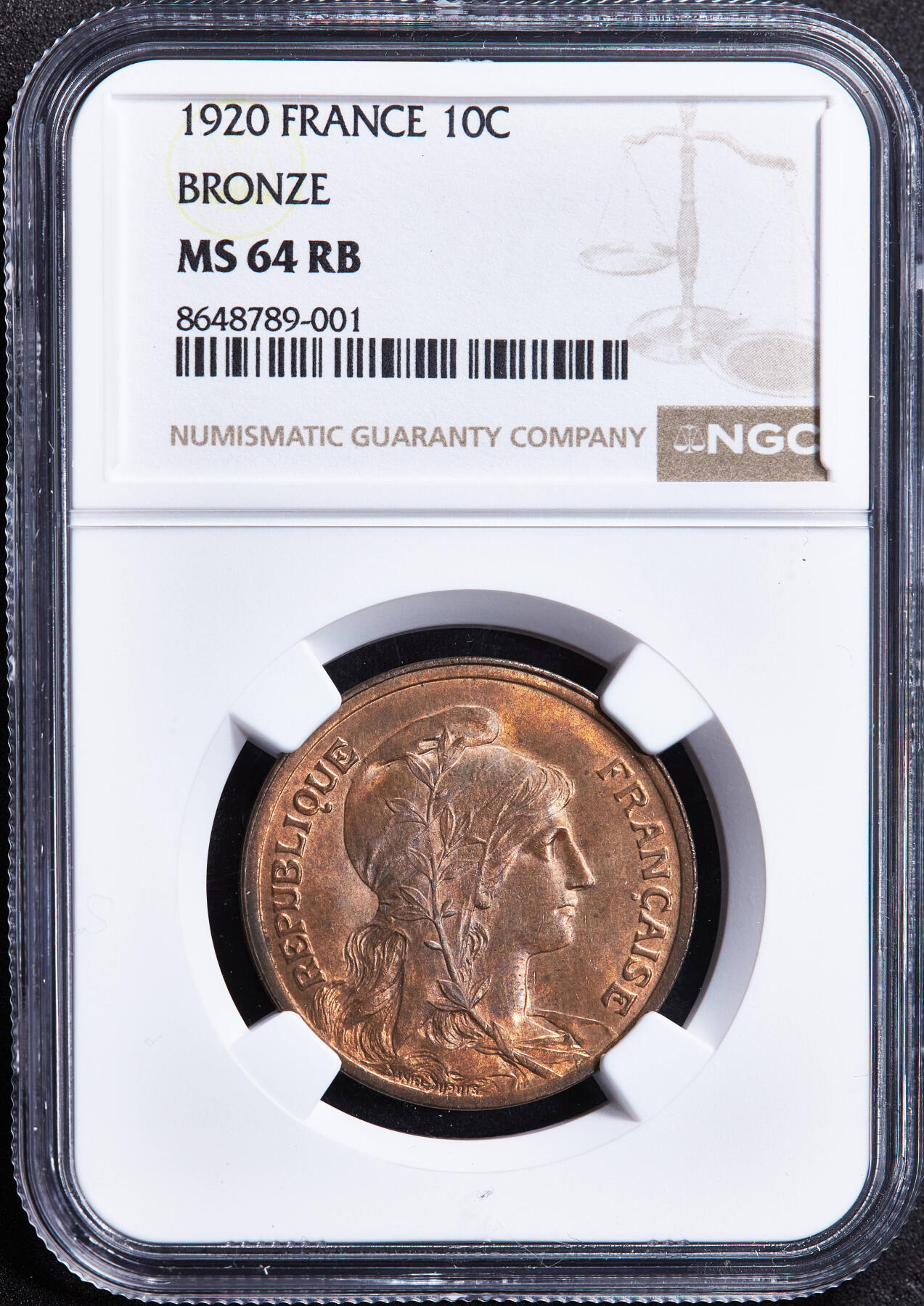 【俄甄集藏】2026年(049)03-18星期三 晚 19:30 全场包邮 法国1920年玛丽安娜弗里吉亚自由帽头像谷物女神10分铜币，NGC MS64RB，原铜光转光品相