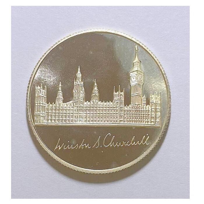 英国1965年 丘吉尔+大本钟高浮雕精制镀银章 35MM