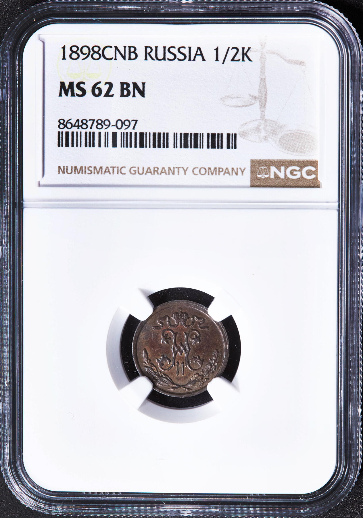 【俄甄集藏】2026年(049)03-18星期三 晚 19:30 全场包邮 沙俄1898年尼古拉二世1/2戈比铜币，NGC MS62，巧克力包浆，原光状态
