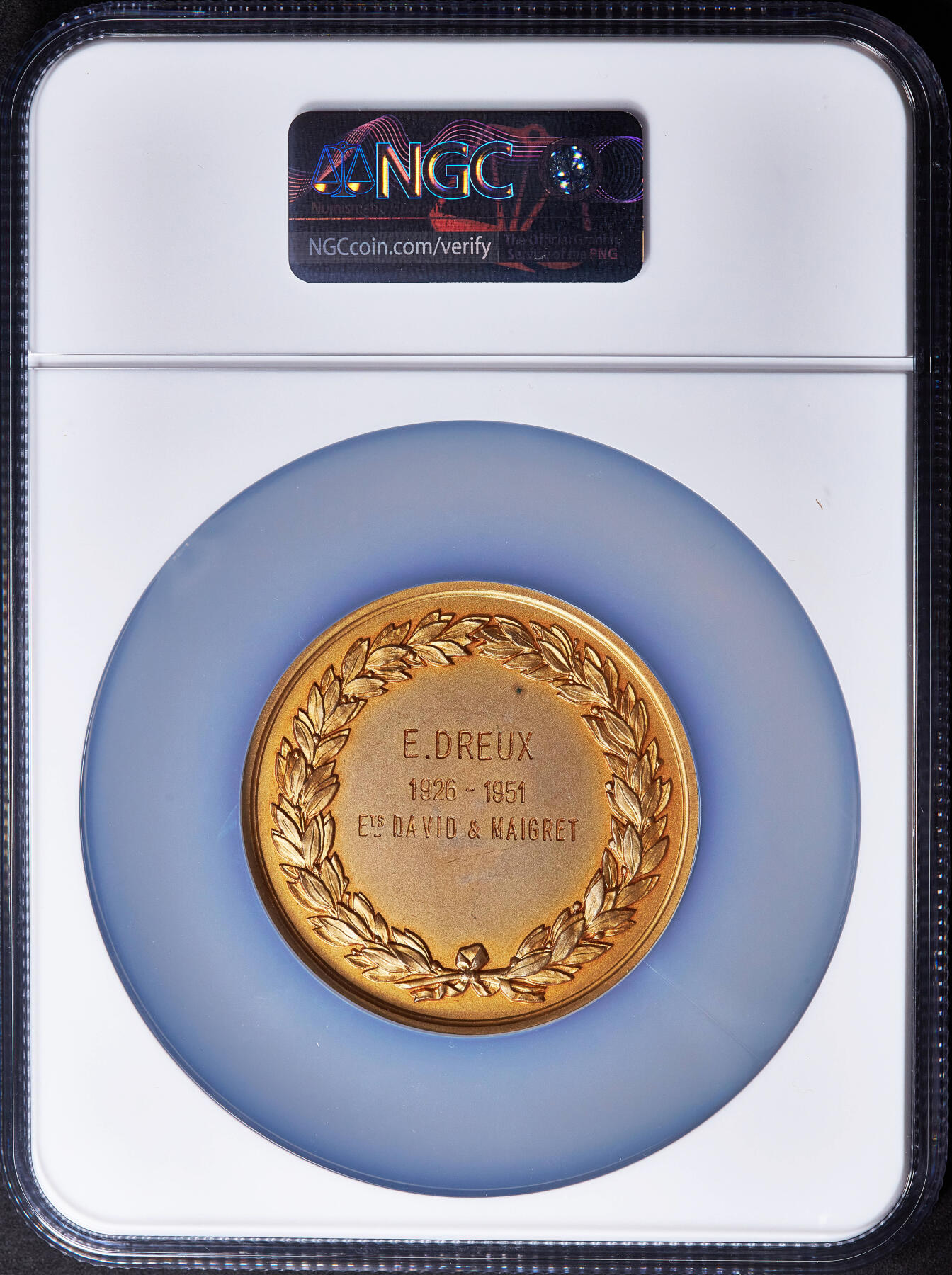 【俄甄集藏】2026年(049)03-18星期三 晚 19:30 全场包邮 法国1951年工业女神站像埃纳省工业协会镀金大铜章，NGC MS63，直径58mm，丰饶角铭，授予E·雷德表彰在大卫&梅格雷特公司铸造行业25年服务的贡献，雕刻师博雷尔作品，金属足