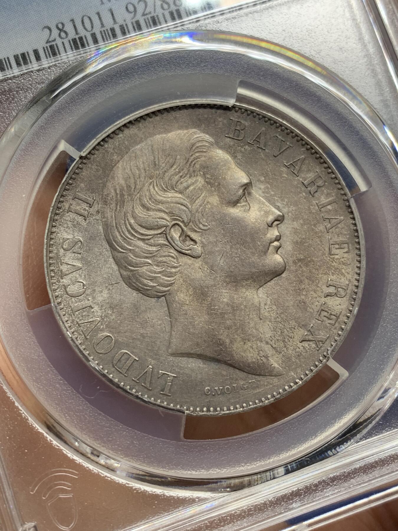 《竞宝斋》第471场 周日，周一，周二 3场连拍 （全场包邮）欢迎送拍 PCGS AUD 德国 1867年 巴伐利亚 抱婴1泰勒银币