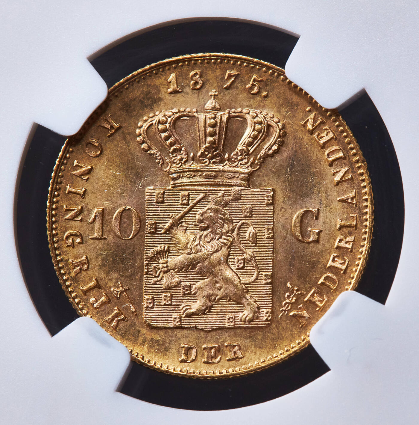 【俄甄集藏】2026年(049)03-18星期三 晚 19:30 全场包邮 荷兰1875年威廉三世10盾金币，NGC MS62，重6.729克，900金，原光品相