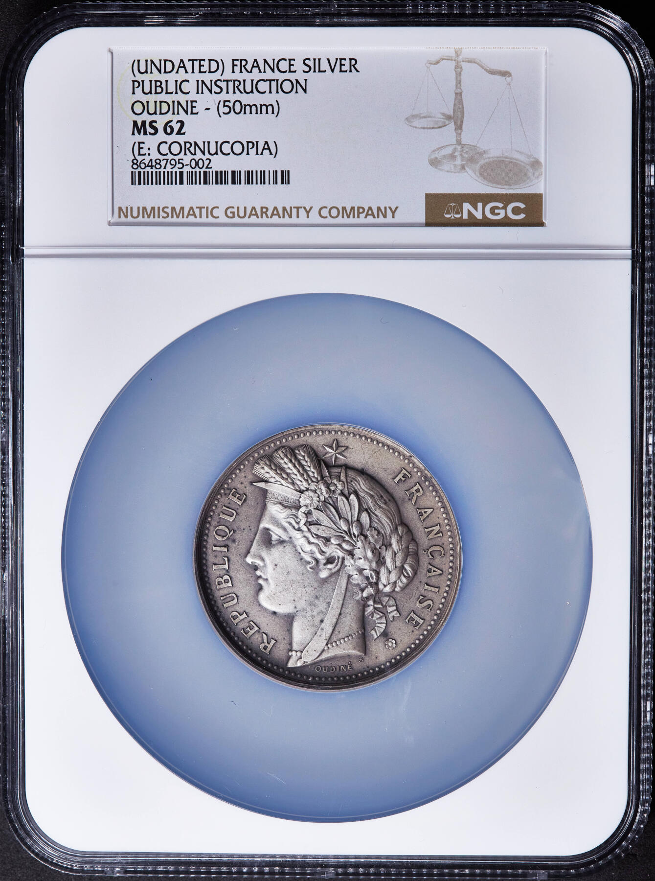 【俄甄集藏】2026年(049)03-18星期三 晚 19:30 全场包邮 法国19世纪谷物女神头像公共教育部农业教育银质奖章，NGC MS62，原味老包浆，直径50mm，丰饶角铭，法国19世纪雕刻家乌迪内作品