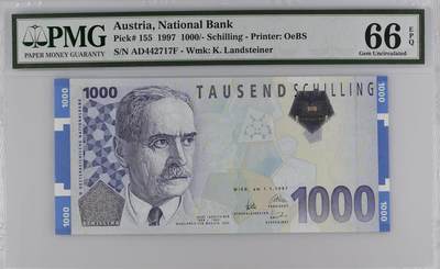 《外钞收藏家》第六百一十八期（精品场）（长期征集拍品、欢迎藏友们联系合作） - 1997年奥地利末版1000先令 PMG66