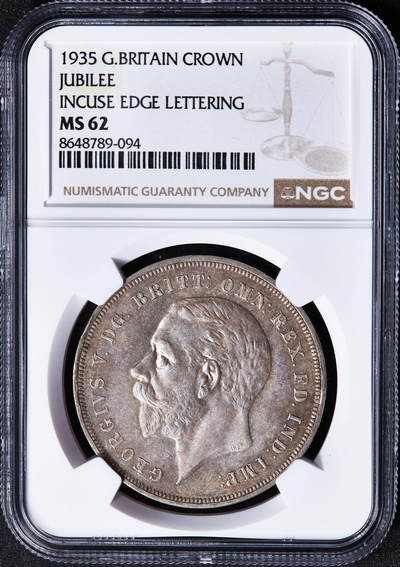 【俄甄集藏】2026年(049)03-18星期三 晚 19:30 全场包邮 - 英国1935年乔治五世马剑1克朗大银币，NGC MS62，黄油彩老包浆，原光品相