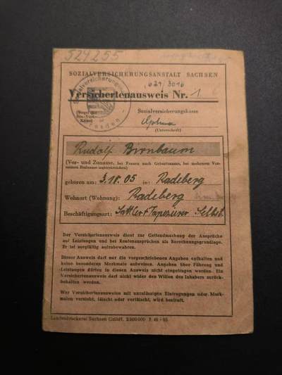 （不断上新，转发赚佣金和现金红包）云宸嘉赏-勋臻佳藏精品精选场次 - 德意志国（苏占区）萨克森州-鲁道夫・比尔鲍姆的身份证件