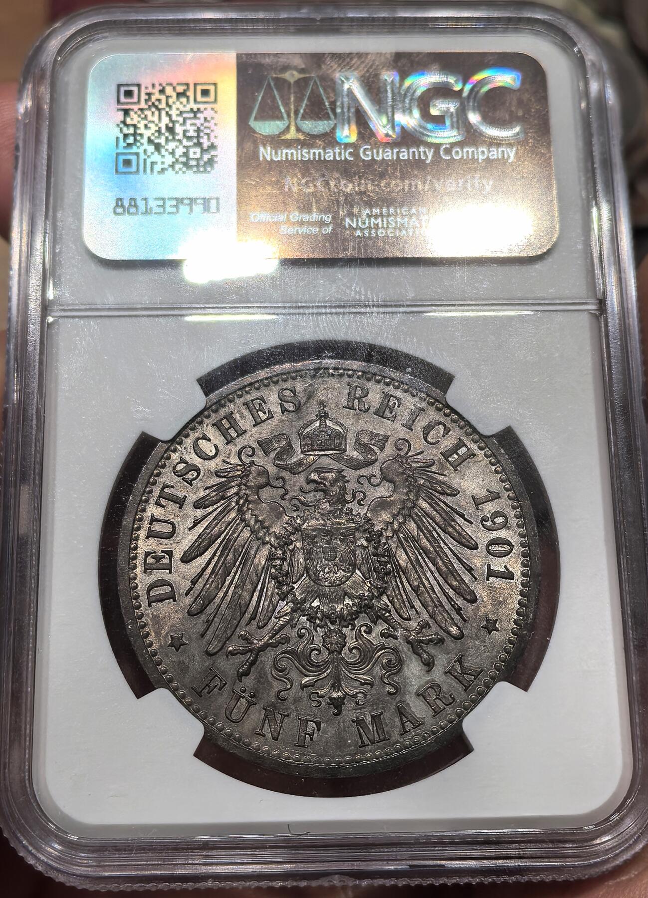 南宋泉阁俄币 外币 国币 专场第二十二期 【送拍无额外佣金】 德国 普鲁士 1901年 建国5马克大银币 NGC评级MS62分 老包浆好品 值得入藏