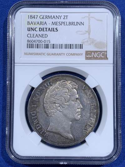 《竞宝斋》第471场 周日，周一，周二 3场连拍 （全场包邮）欢迎送拍 - NGC UNC 德国 1847年 巴伐利亚路德维希一世大主教纪念2泰勒 历史泰勒中的经典之作 双面深彩包浆 状态超过了不少MS级的币 可惜没分 性价比之选