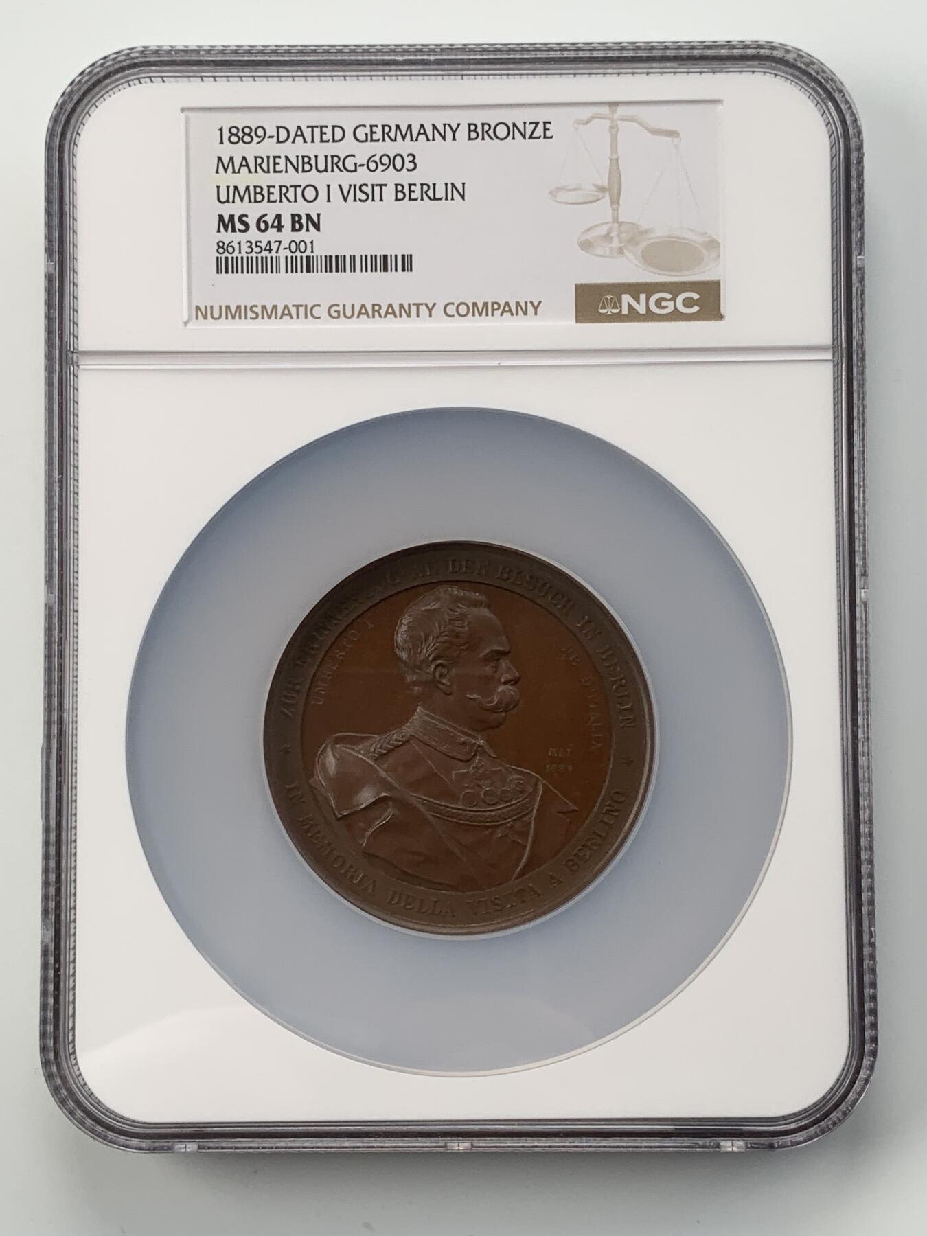 掌中浮雕-藏着的欧洲第055场 NGC MS64 : 1889年翁贝托一世访问柏林纪念铜章，60mm