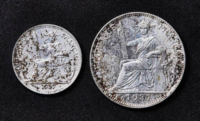 【俄甄集藏】2026年(049)03-18星期三 晚 19:30 全场包邮 - 法属印度支那1937年坐洋10分、20分银币2枚一组，有清洗痕迹