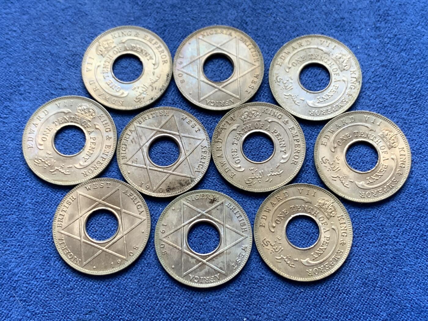 《竞宝斋》第471场 周日，周一，周二 3场连拍 （全场包邮）欢迎送拍 10枚一组 英属西非1908年爱德华七世1/10便士 好品