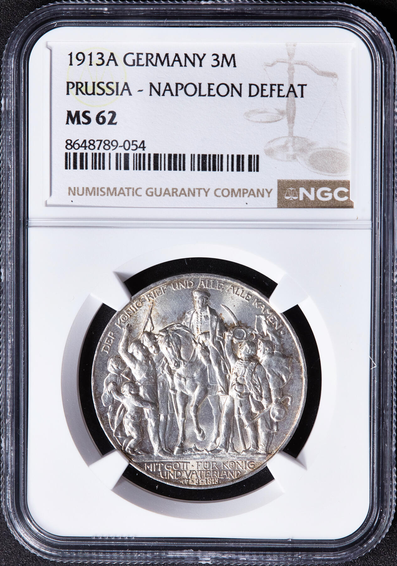 【俄甄集藏】2026年(049)03-18星期三 晚 19:30 全场包邮 德国普鲁士1913年A版反法战争胜利百年3马克银币，NGC MS62，转光品相