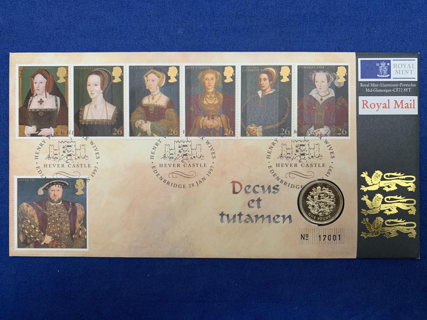 《竞宝斋》第471场 周日，周一，周二 3场连拍 （全场包邮）欢迎送拍 1997年英国1英镑 亨利八世逝世450周年纪念邮币封首日封  英格兰三狮纹饰