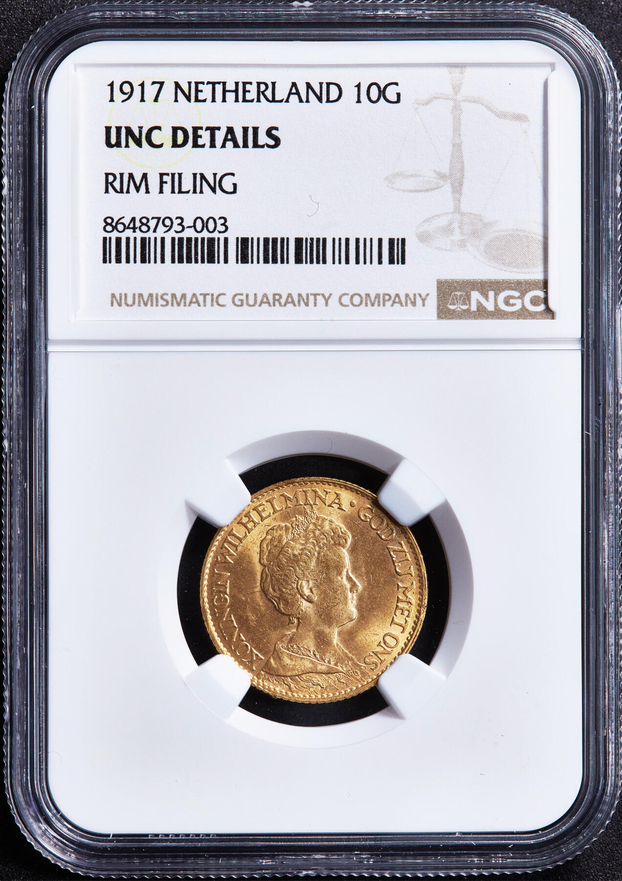 【俄甄集藏】2026年(049)03-18星期三 晚 19:30 全场包邮 荷兰1917年威廉明娜女王10盾金币，NGC UNCD，重6.729克，900金，转光品相