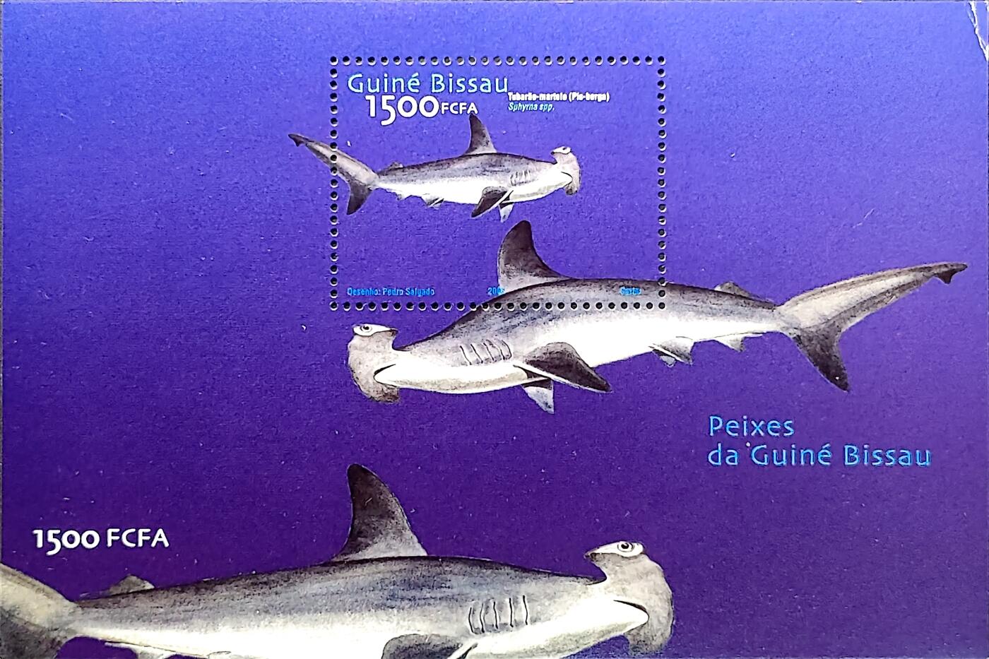 ↓君缘收藏762期☞钱币邮品↓无佣金、可寄存、满30元包邮  几内亚比绍邮票，2002年海洋鱼类·双髻鲨邮票小型张