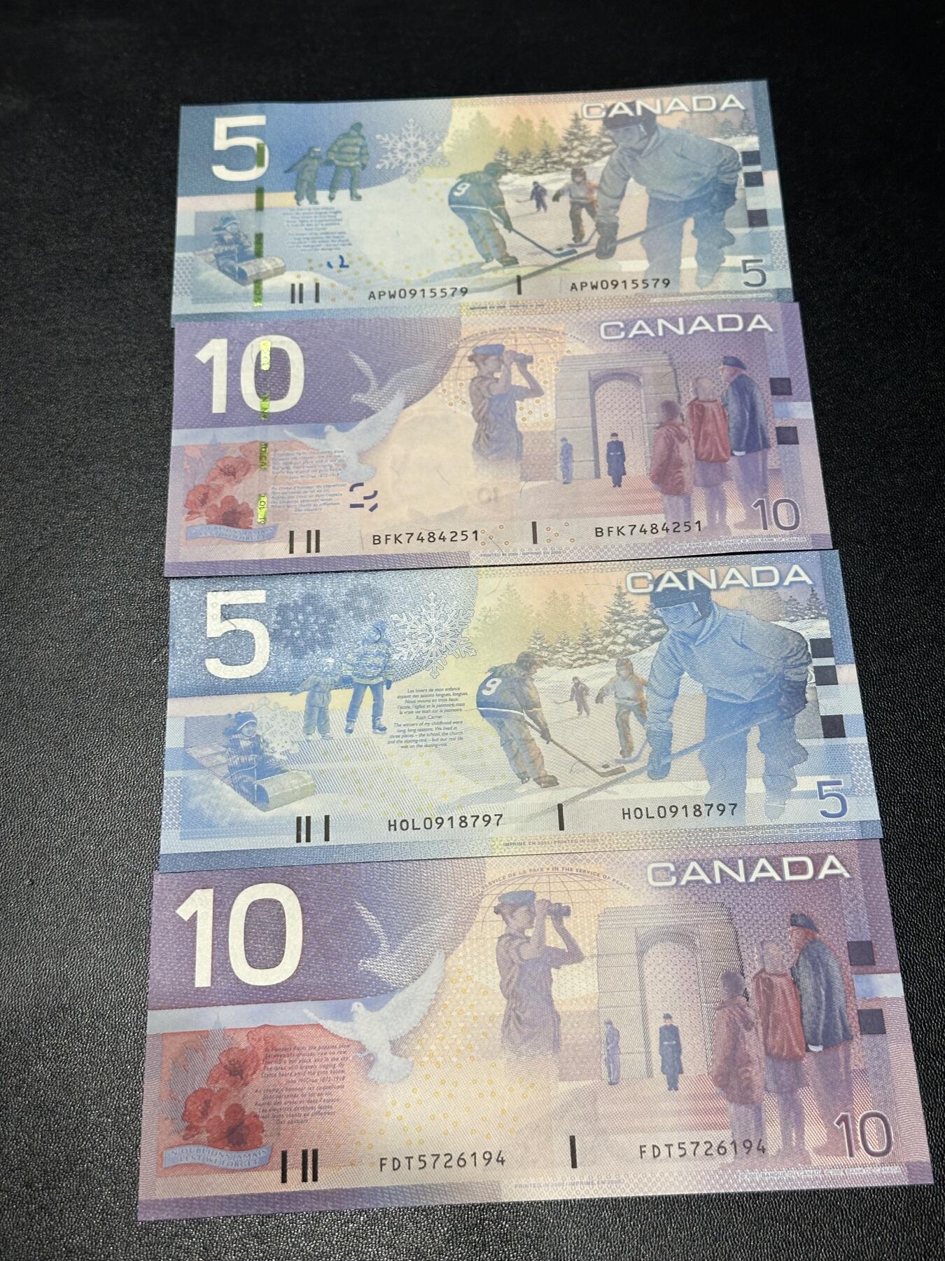 《外钞收藏家》第六百一十八期（精品场）（长期征集拍品、欢迎藏友们联系合作） 加拿大之旅系列5/10元四张小套（内含有无全息条的两个版本，凑齐不易，绝品）	绝品