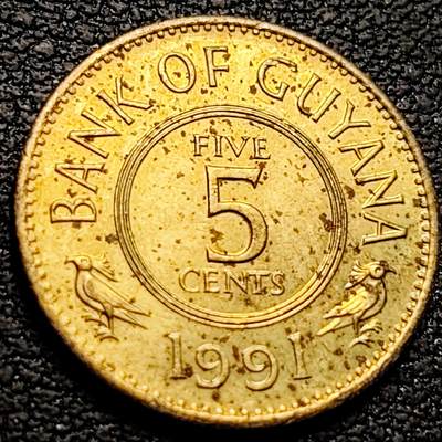 泉币菌-第212场-拍品多 请提前出价（工作最近较忙 发货不及时，望理解） - 铜光美品 莲花 圭亚那-1991年5分镍黄铜币 小鸟 19.5毫米 2.5克