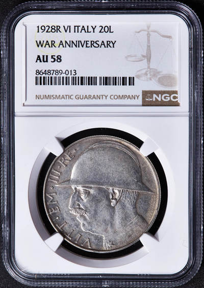 【俄甄集藏】2026年(049)03-18星期三 晚 19:30 全场包邮 - 意大利王国1928年R版伊曼纽尔三世钢盔版20里拉银币，NGC AU58，纪念一战结束10周年，黄油彩原光品相