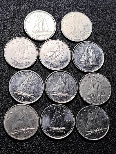 泉币菌-第211场-拍品多 请提前出价（工作最近较忙 发货不及时，望理解） - 11枚高币值一组 加拿大10分镍币帆船 伊丽莎白二世 混合年份未挑