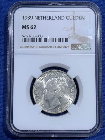 《竞宝斋》第471场 周日，周一，周二 3场连拍 （全场包邮）欢迎送拍 - NGC MS62 荷兰 1939年 威廉明娜 1盾 银币 ，1盾好品较为稀见