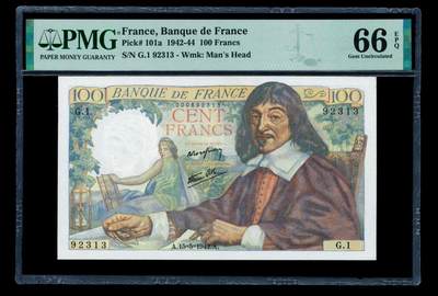 【Blue Auction】世界纸币精拍第795期——18级TOP拍卖/信誉/品质/专业/高效💫 - 【无47】法国 1942年100法郎 笛卡尔 PMG66EPQ 