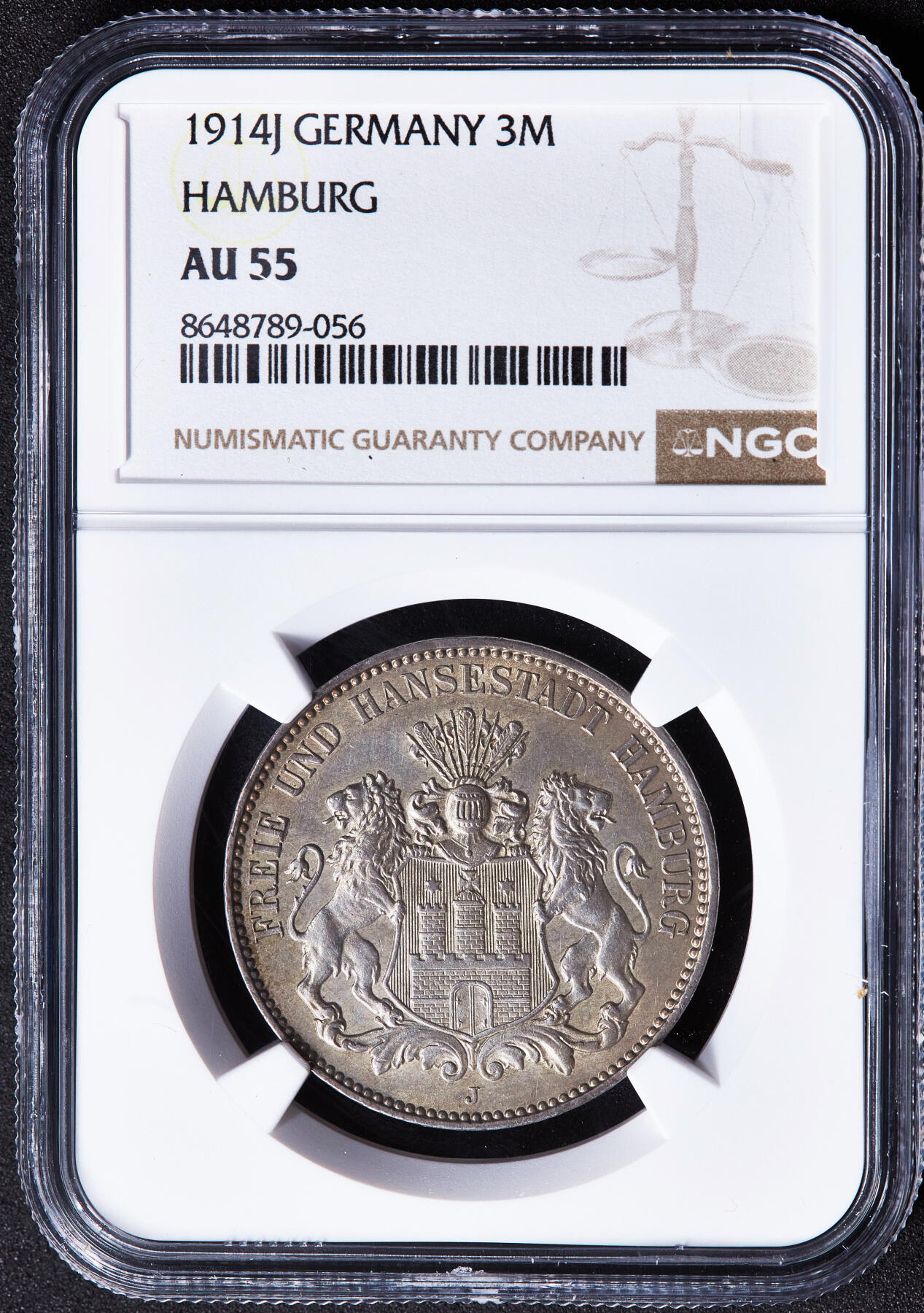 【俄甄集藏】2026年(049)03-18星期三 晚 19:30 全场包邮 德国汉堡1914年J版3马克银币，NGC AU55，黄油彩原味包浆，原光品相，疑似低评