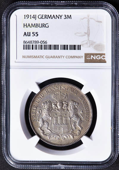 【俄甄集藏】2026年(049)03-18星期三 晚 19:30 全场包邮 - 德国汉堡1914年J版3马克银币，NGC AU55，黄油彩原味包浆，原光品相，疑似低评