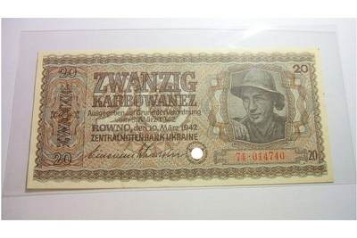 德国第三帝国占乌克兰1942年20卡博瓦内斯（等同20马克） 爽品 - 德国第三帝国占乌克兰1942年20卡博瓦内斯（等同20马克） 爽品