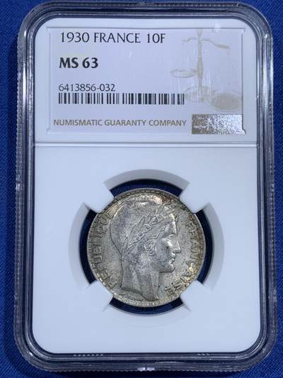 《竞宝斋》第471场 周日，周一，周二 3场连拍 （全场包邮）欢迎送拍 - NGC MS63 法国 1930年 10法郎银币 带彩包浆