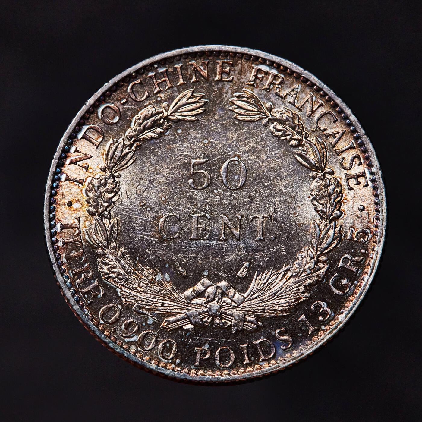 【俄甄集藏】2026年(049)03-18星期三 晚 19:30 全场包邮 法属印度支那1936年坐洋50分银币，黄油彩包浆，转光品相