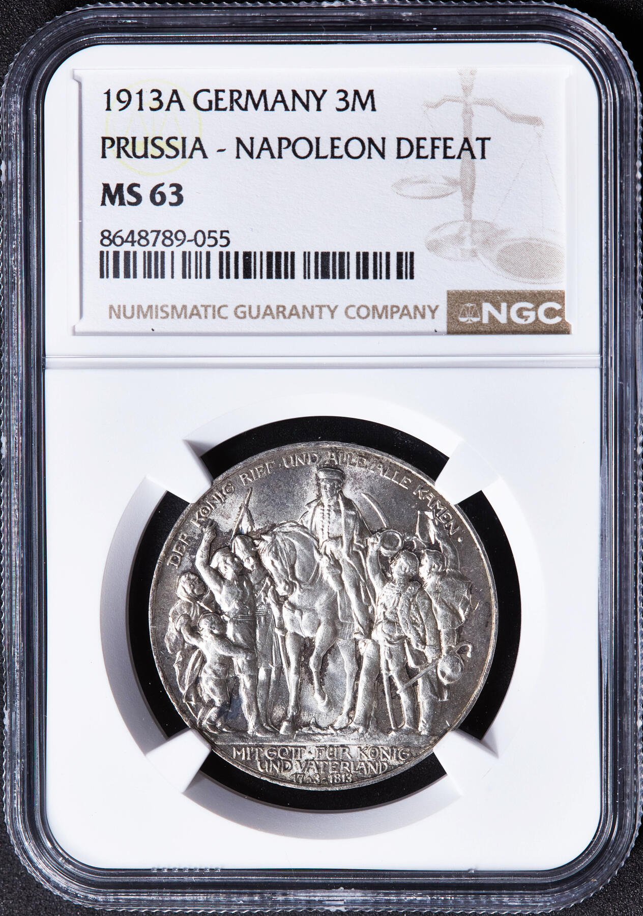 【俄甄集藏】2026年(049)03-18星期三 晚 19:30 全场包邮 德国普鲁士1913年A版反法战争胜利百年3马克银币，NGC MS63，原味包浆，转光品相