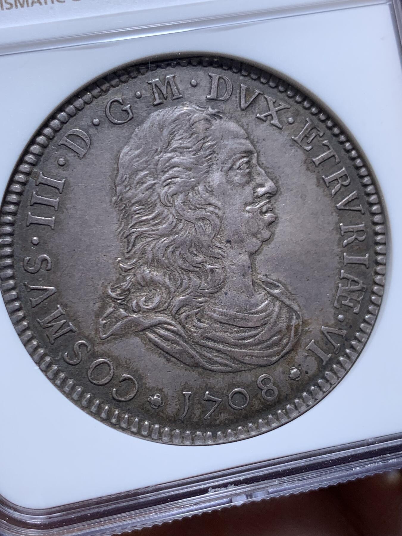 《竞宝斋》第471场 周日，周一，周二 3场连拍 （全场包邮）欢迎送拍 唯一冠军分 NGC AU58 意大利 1708年  托斯卡纳大公国  科西莫三世 城堡泰勒大银币 币胚完整全深打 少之又少 裸币意大利拍卖2W购入 高点极好 低评明显