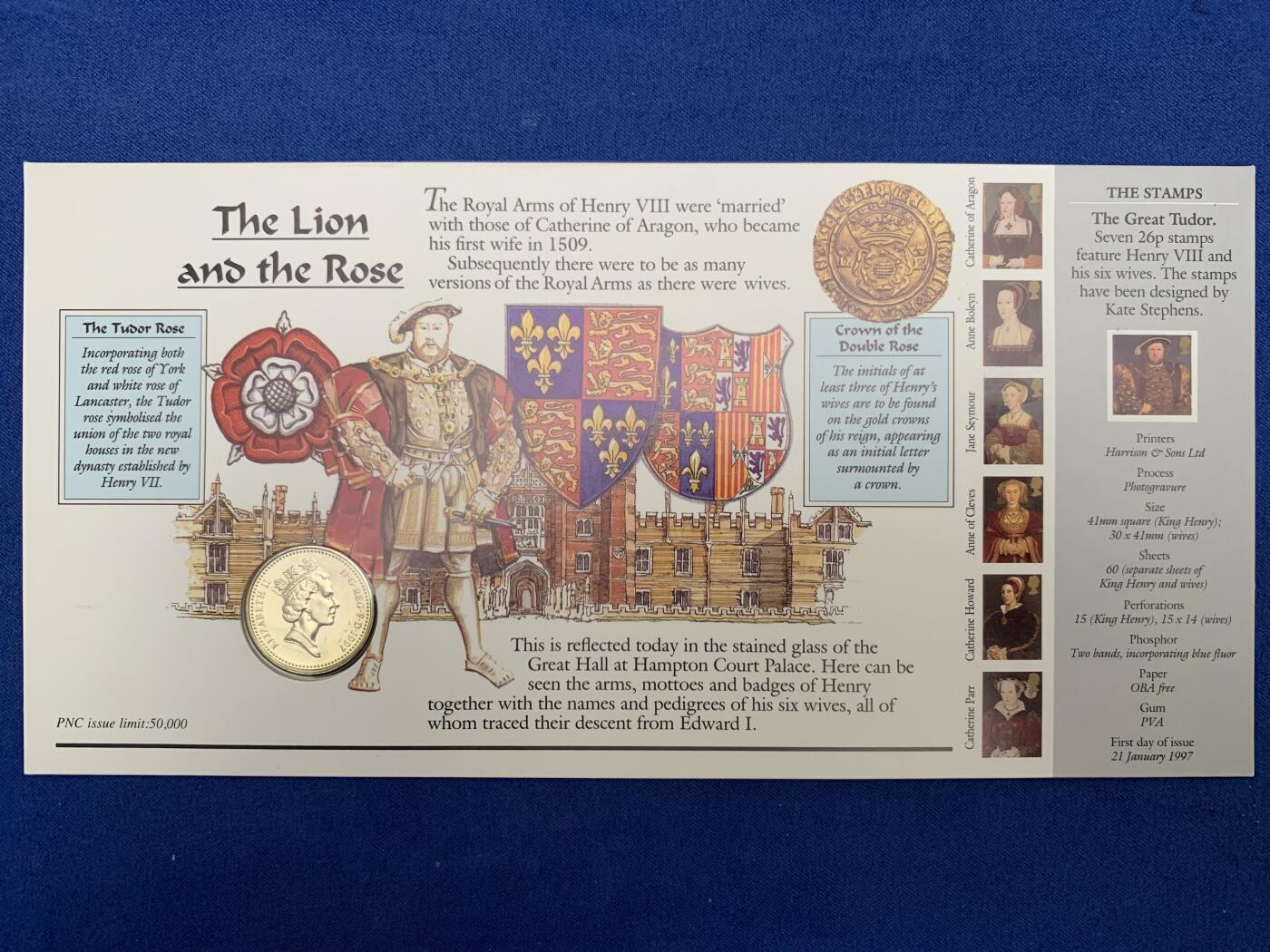 《竞宝斋》第471场 周日，周一，周二 3场连拍 （全场包邮）欢迎送拍 1997年英国1英镑 亨利八世逝世450周年纪念邮币封首日封  英格兰三狮纹饰