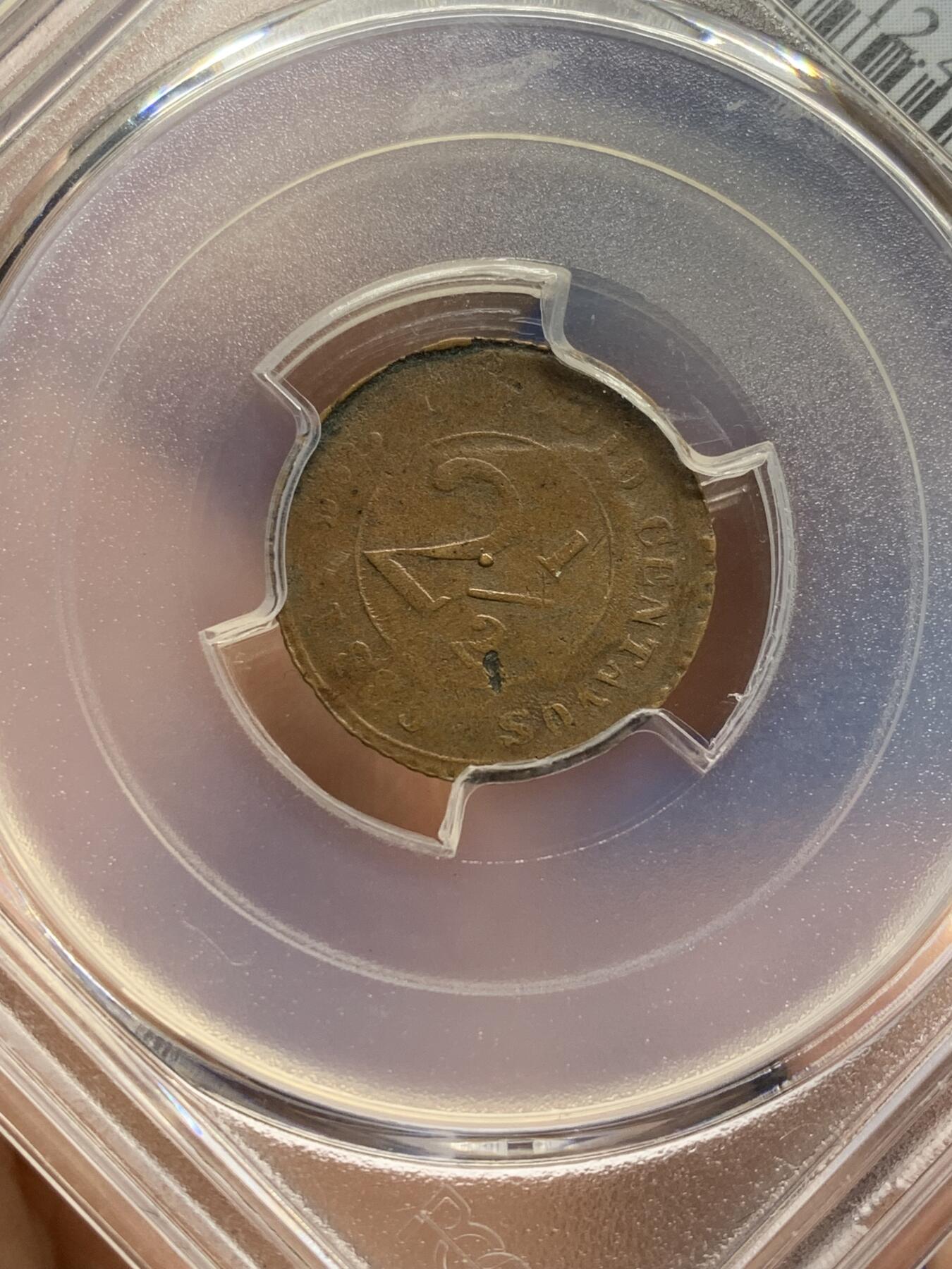 《竞宝斋》第471场 周日，周一，周二 3场连拍 （全场包邮）欢迎送拍 稀少错币 PCGS XF45 哥伦比亚1885年2.5分铜币 模具腐蚀 冠军分