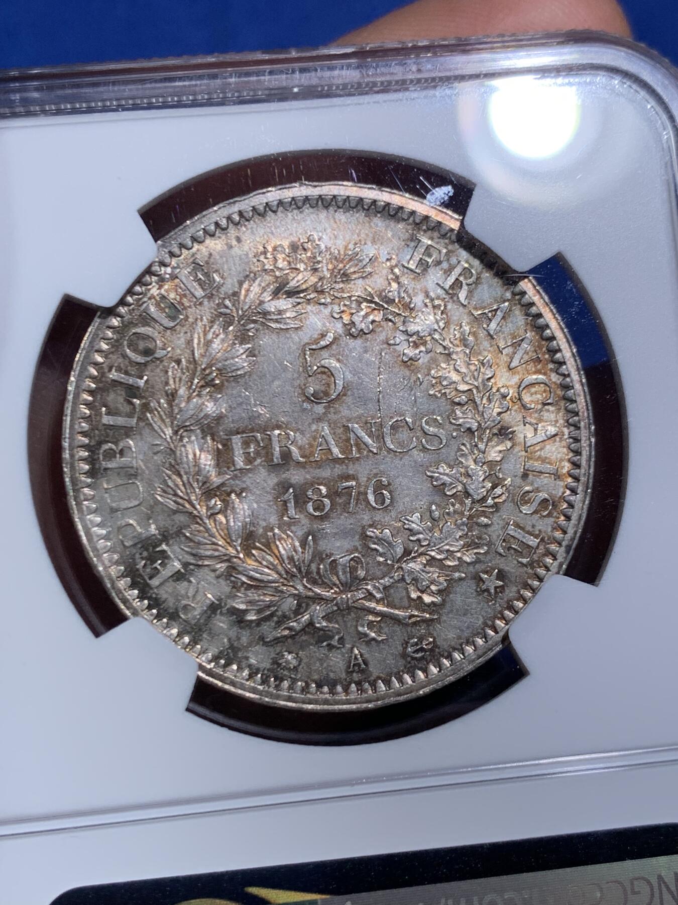 《竞宝斋》第471场 周日，周一，周二 3场连拍 （全场包邮）欢迎送拍 NGC MS63 法国 1876年 A 大力神 5法郎银币 细节见图