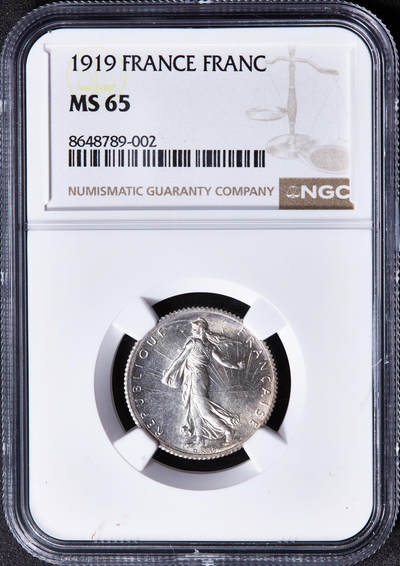 【俄甄集藏】2026年(049)03-18星期三 晚 19:30 全场包邮 - 法国1919年播种女神1法郎银币，NGC MS65，黄油环彩，转光品相