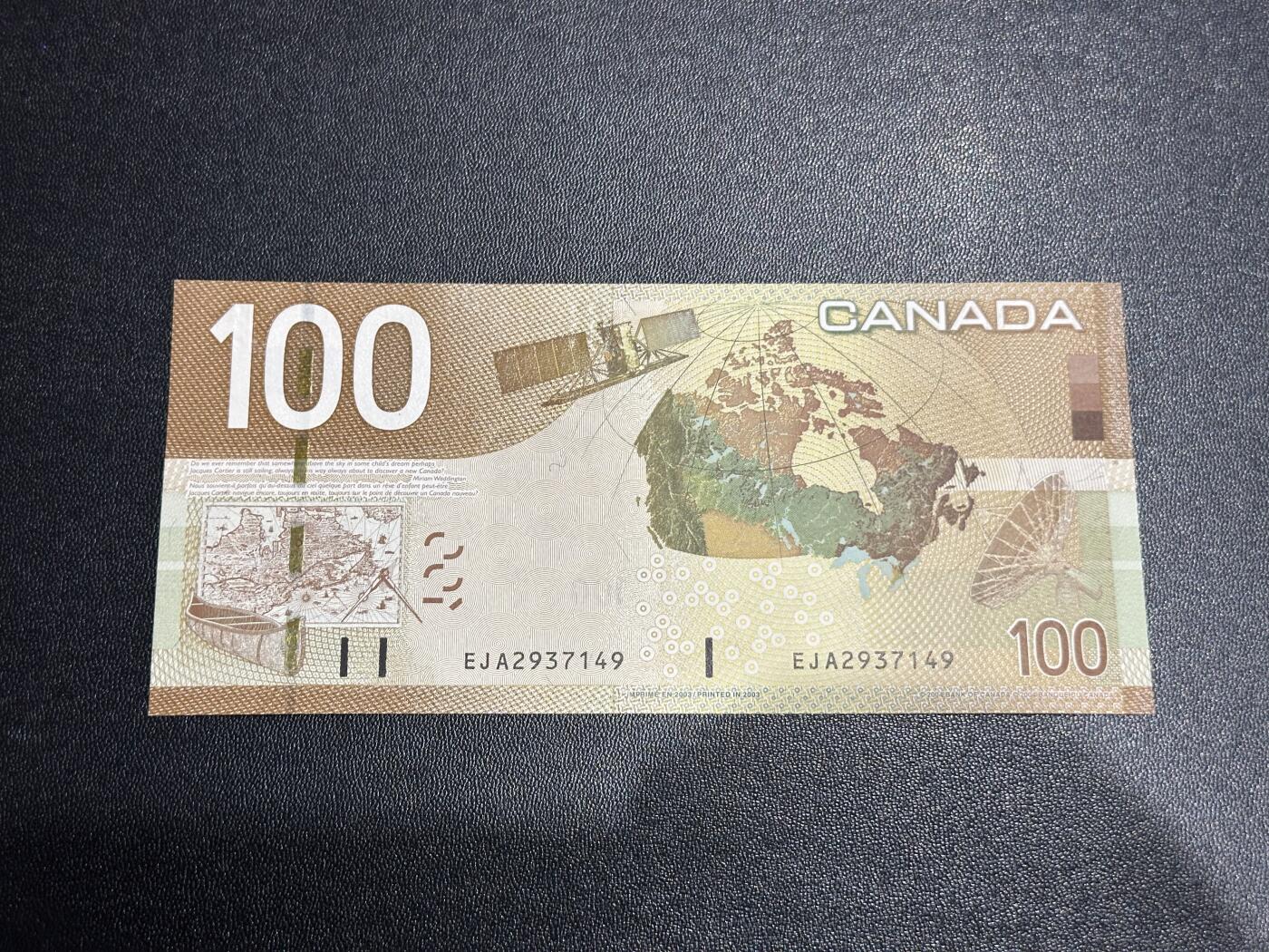 《外钞收藏家》第六百一十八期（精品场）（长期征集拍品、欢迎藏友们联系合作） 加拿大2003年首发年份之旅系列100元（绝品，加拿大遥感地形图）	绝品