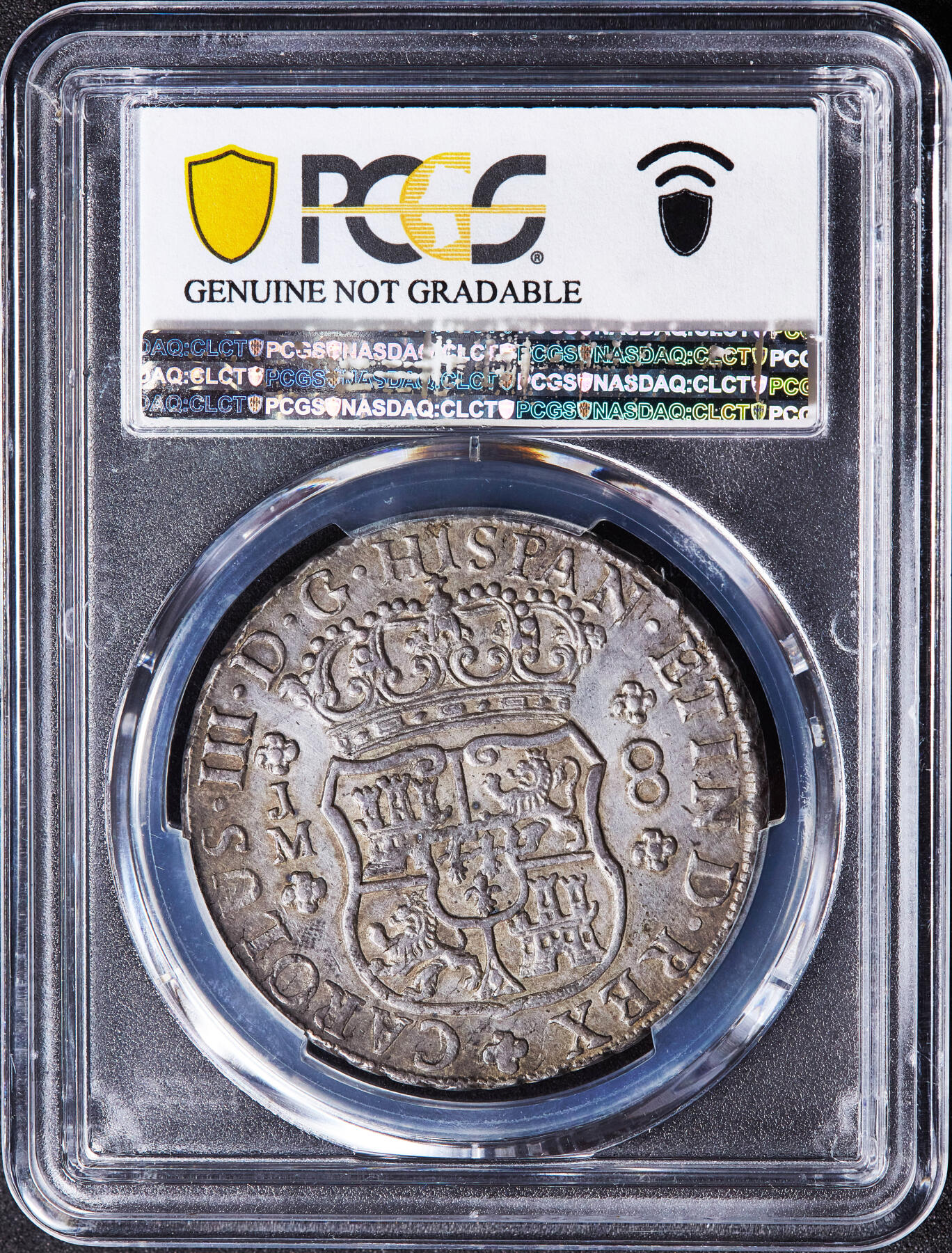 【俄甄集藏】2026年(049)03-18星期三 晚 19:30 全场包邮 西属秘鲁1770年卡洛斯三世LM JM版8里亚尔双柱地球大银币，PCGS UNCD，黄油酱彩原味包浆，底光犹存，名誉品种，味道一流