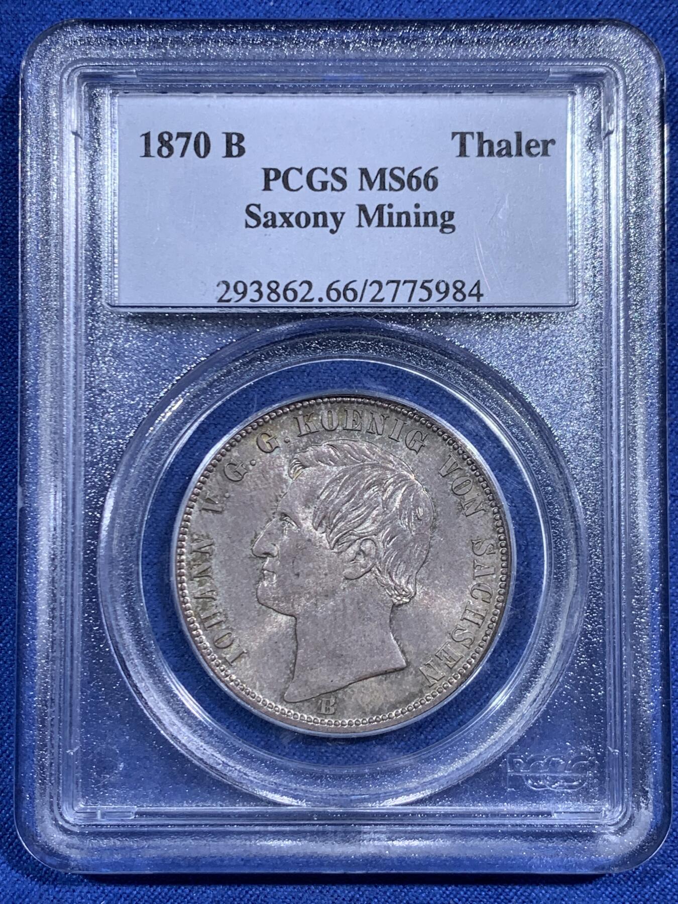 《竞宝斋》第471场 周日，周一，周二 3场连拍 （全场包邮）欢迎送拍 PCGS MS66 德国 1870B 萨克森矿业泰勒 亚军分！PCGS老盒严评，图案高点十分锐利。