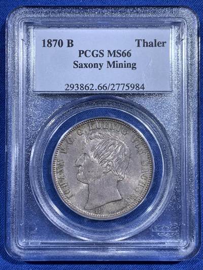 《竞宝斋》第471场 周日，周一，周二 3场连拍 （全场包邮）欢迎送拍 - PCGS MS66 德国 1870B 萨克森矿业泰勒 亚军分！PCGS老盒严评，图案高点十分锐利。