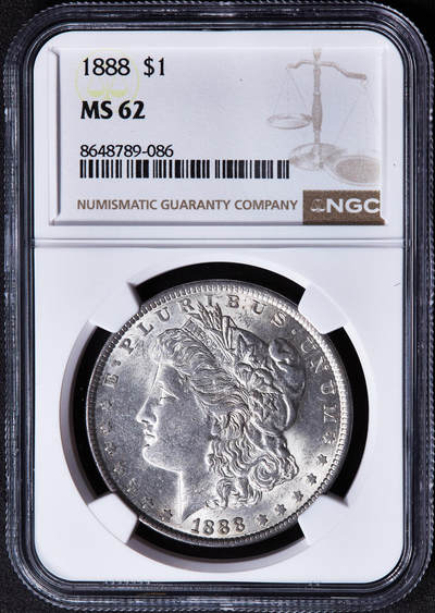 【俄甄集藏】2026年(049)03-18星期三 晚 19:30 全场包邮 - 美国1888年摩根1美元大银币，NGC MS62，转光品相