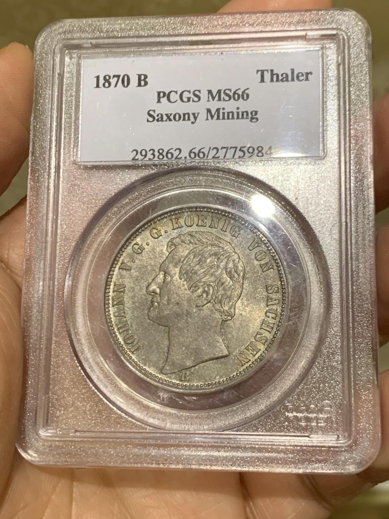 《竞宝斋》第471场 周日，周一，周二 3场连拍 （全场包邮）欢迎送拍 PCGS MS66 德国 1870B 萨克森矿业泰勒 亚军分！PCGS老盒严评，图案高点十分锐利。