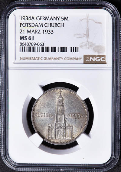 【俄甄集藏】2026年(049)03-18星期三 晚 19:30 全场包邮 - 德国第三帝国1934年A版波茨坦教堂加字5马克银币，NGC MS61，黄油彩转光品相，名誉品种