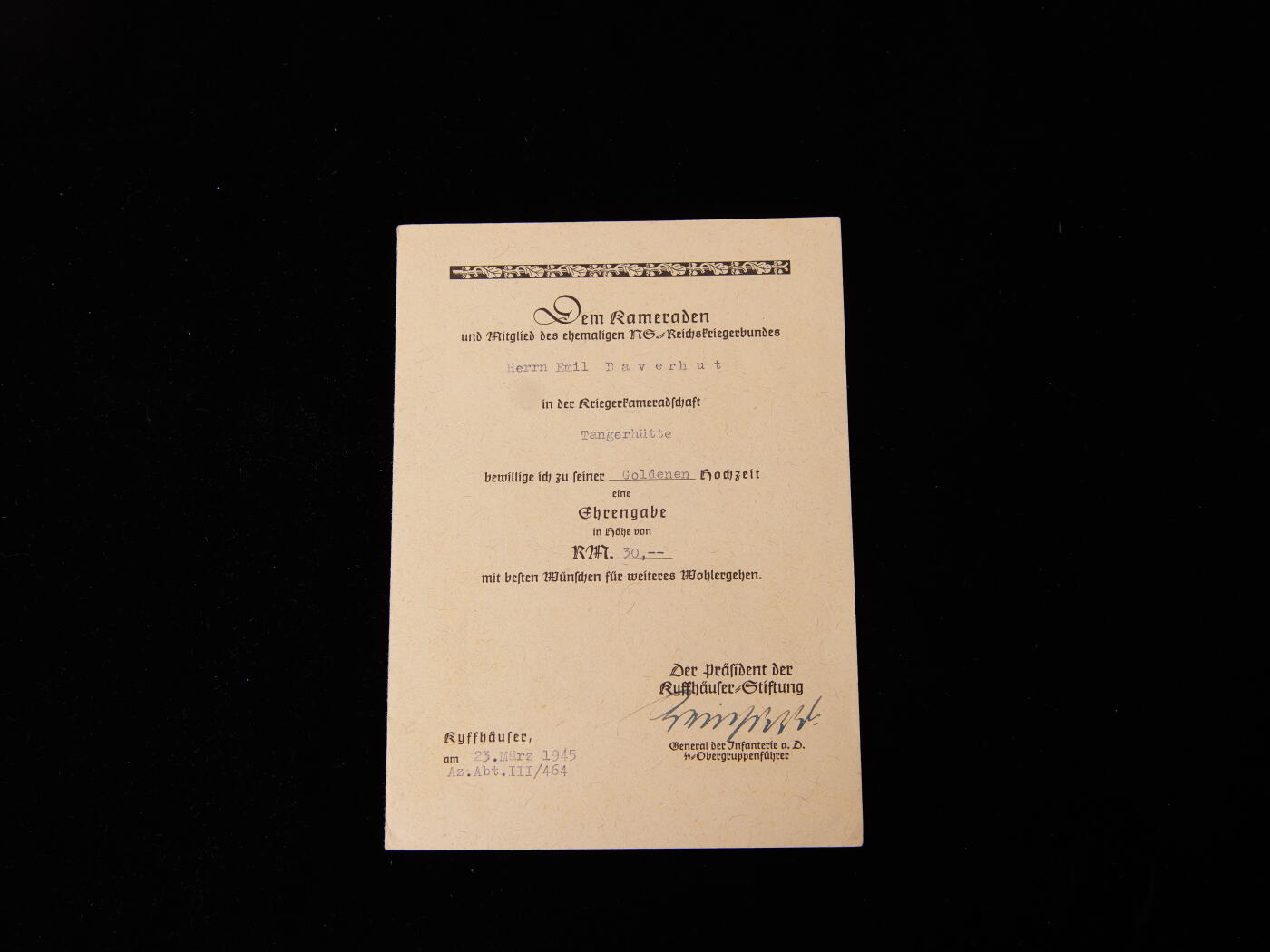 戎马世界章牌大赏第112期 德专场 来自基夫霍伊瑟联盟的金婚祝贺卡，由橡树叶蓝马获得者 步兵上将 党卫队上级集团领袖（ss上将）威廉·莱因哈德亲笔签名 橡树叶蓝马获得者极少