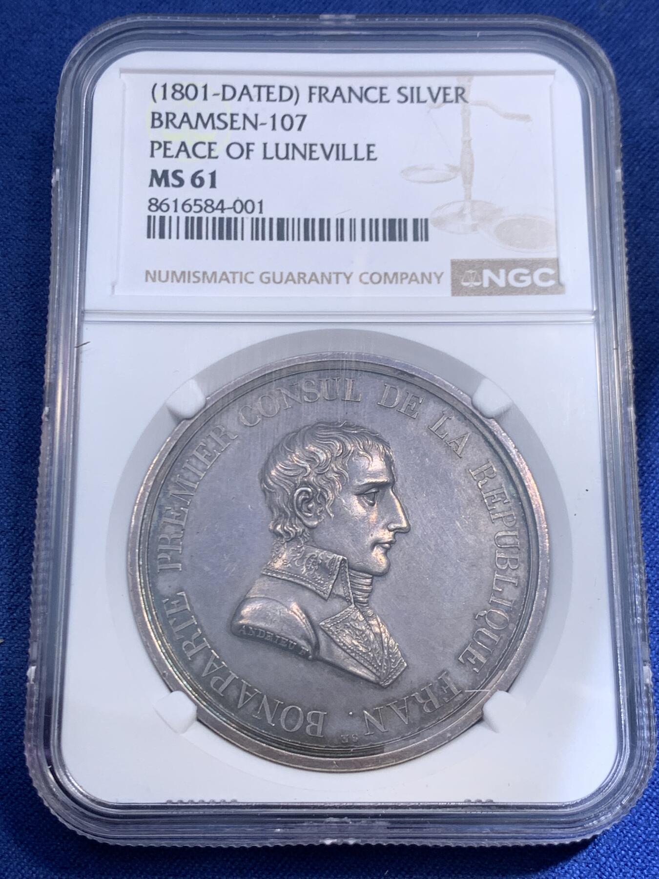 《竞宝斋》第471场 周日，周一，周二 3场连拍 （全场包邮）欢迎送拍 NGC MS61 法国 1801 拿破仑·波拿巴首任法兰西共和国执政官 纪念银章 品质细节极佳 值得入藏的品种