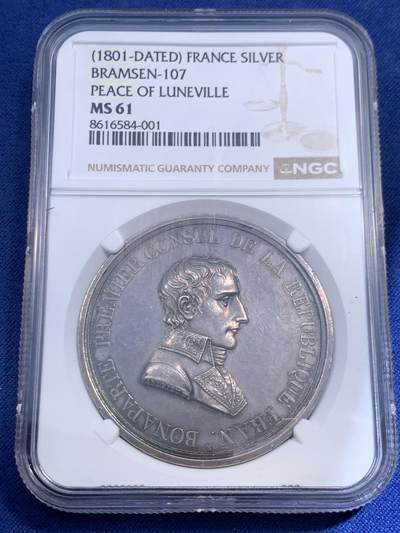 《竞宝斋》第471场 周日，周一，周二 3场连拍 （全场包邮）欢迎送拍 - NGC MS61 法国 1801 拿破仑·波拿巴首任法兰西共和国执政官 纪念银章 品质细节极佳 值得入藏的品种