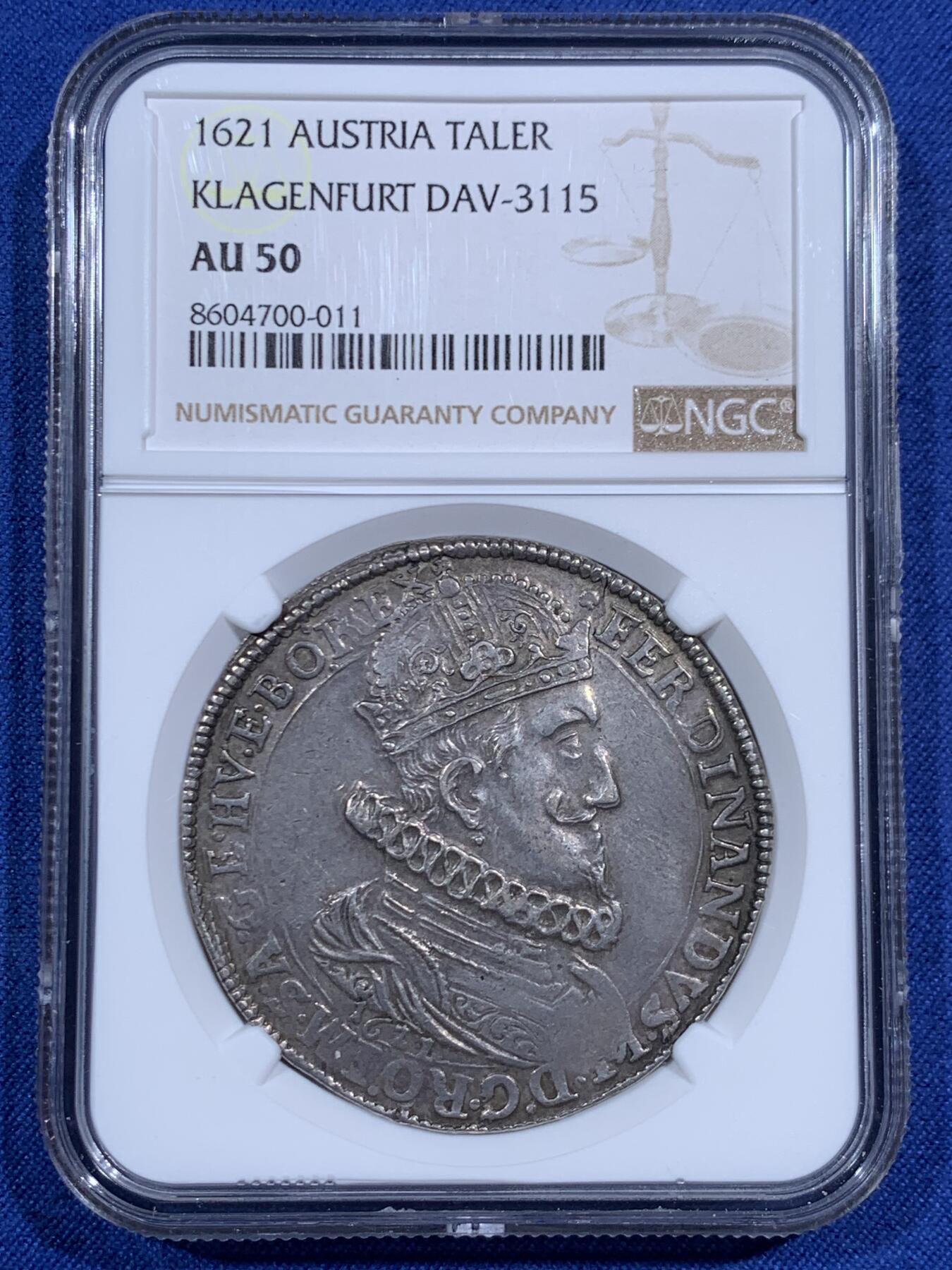 《竞宝斋》第471场 周日，周一，周二 3场连拍 （全场包邮）欢迎送拍 季军分 NGC AU50  奥地利帝国 1621年  斐迪南二世 泰勒大银币 高点清晰 最高分只有AU55