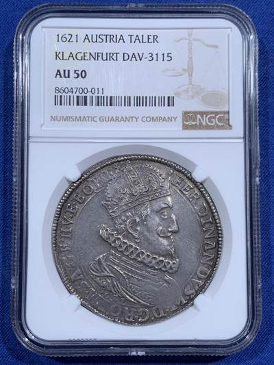 《竞宝斋》第471场 周日，周一，周二 3场连拍 （全场包邮）欢迎送拍 - 季军分 NGC AU50  奥地利帝国 1621年  斐迪南二世 泰勒大银币 高点清晰 最高分只有AU55