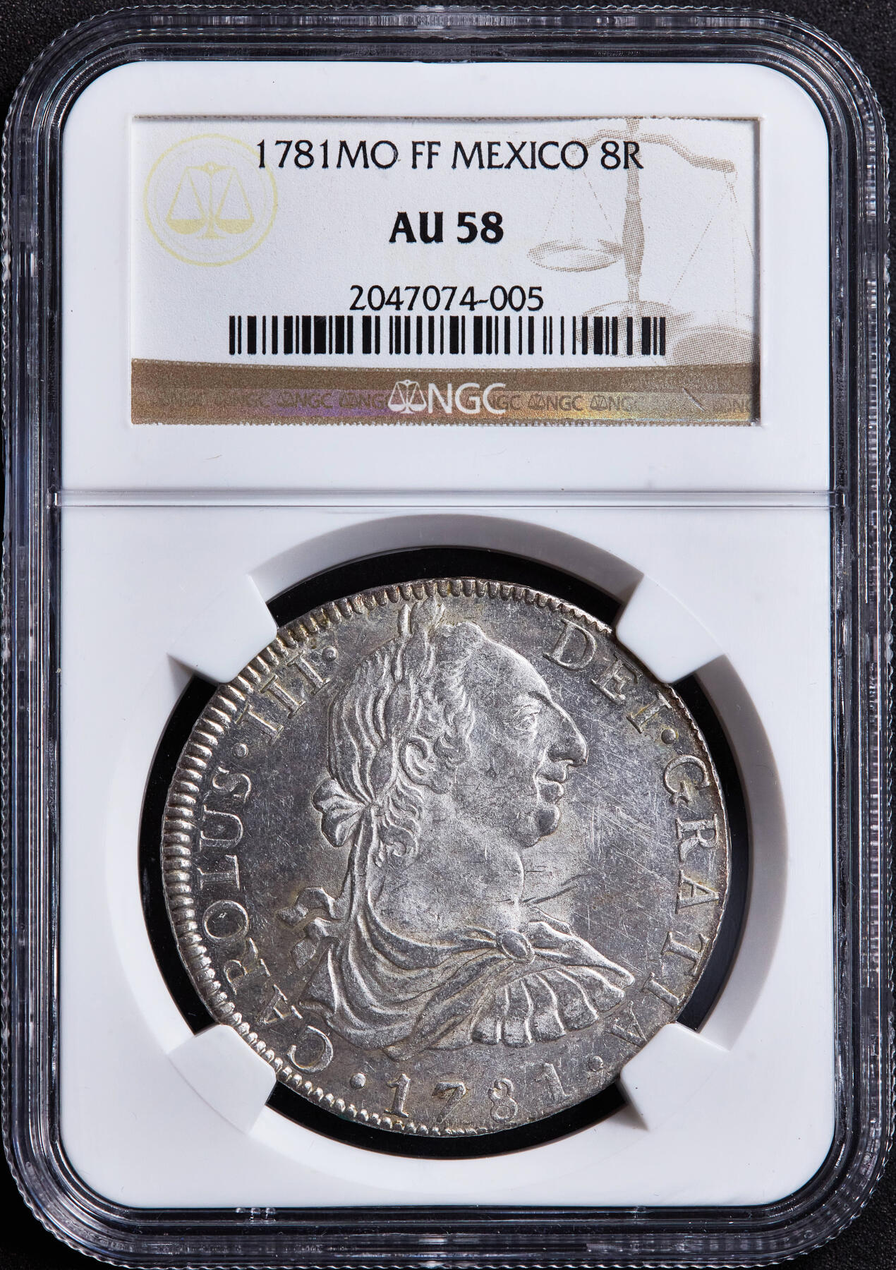 【俄甄集藏】2026年(049)03-18星期三 晚 19:30 全场包邮 西属墨西哥1781年卡洛斯三世Mo FF版8里亚尔双柱大银币，NGC AU58，类精制底板，原光品相，打制周正难得